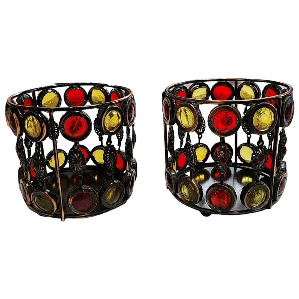Set of 2 Wire Votive‎ Holders Boho Style with Colored Glass Bead Decoration